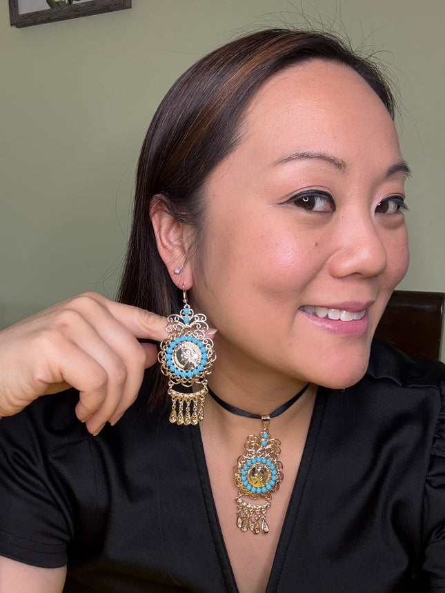 Panamanian Gold Plated Filigree Balboa Jewelry Set with Turquoise Pearls