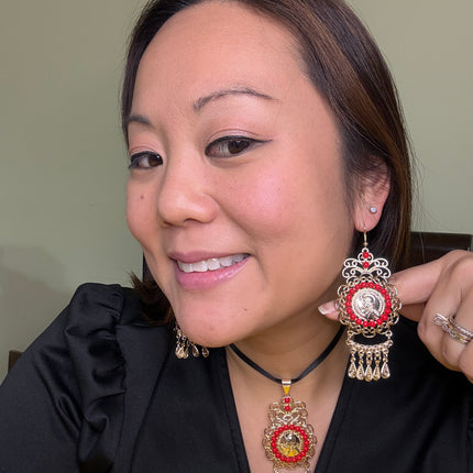 Panamanian Gold Plated Filigree Balboa Choker Set with Red Pearls