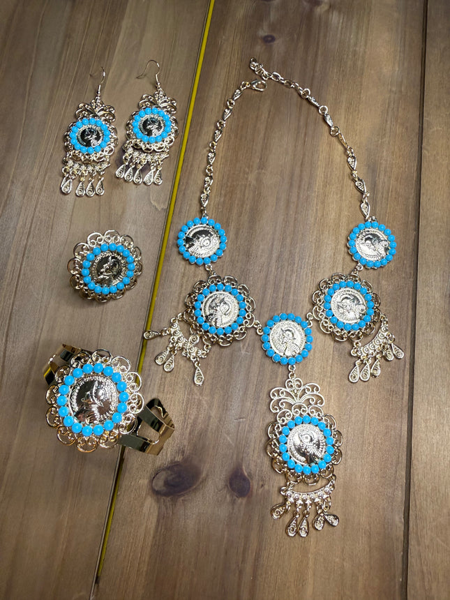 Conjunto de joyería panameña de acero inoxidable: gargantilla, aretes, pulsera y anillo