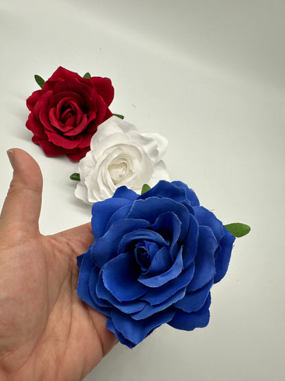 Stylish Set of 3 - Red White and Blue Rose Hair Clips Large