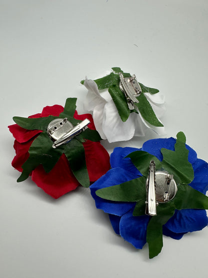 Stylish Set of 3 - Red White and Blue Rose Hair Clips Large