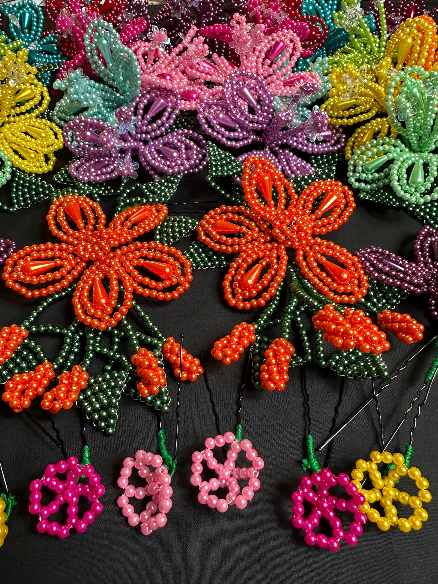 Tembleques - Complete Set Colorful Beaded Flowers Panama Pollera Orange