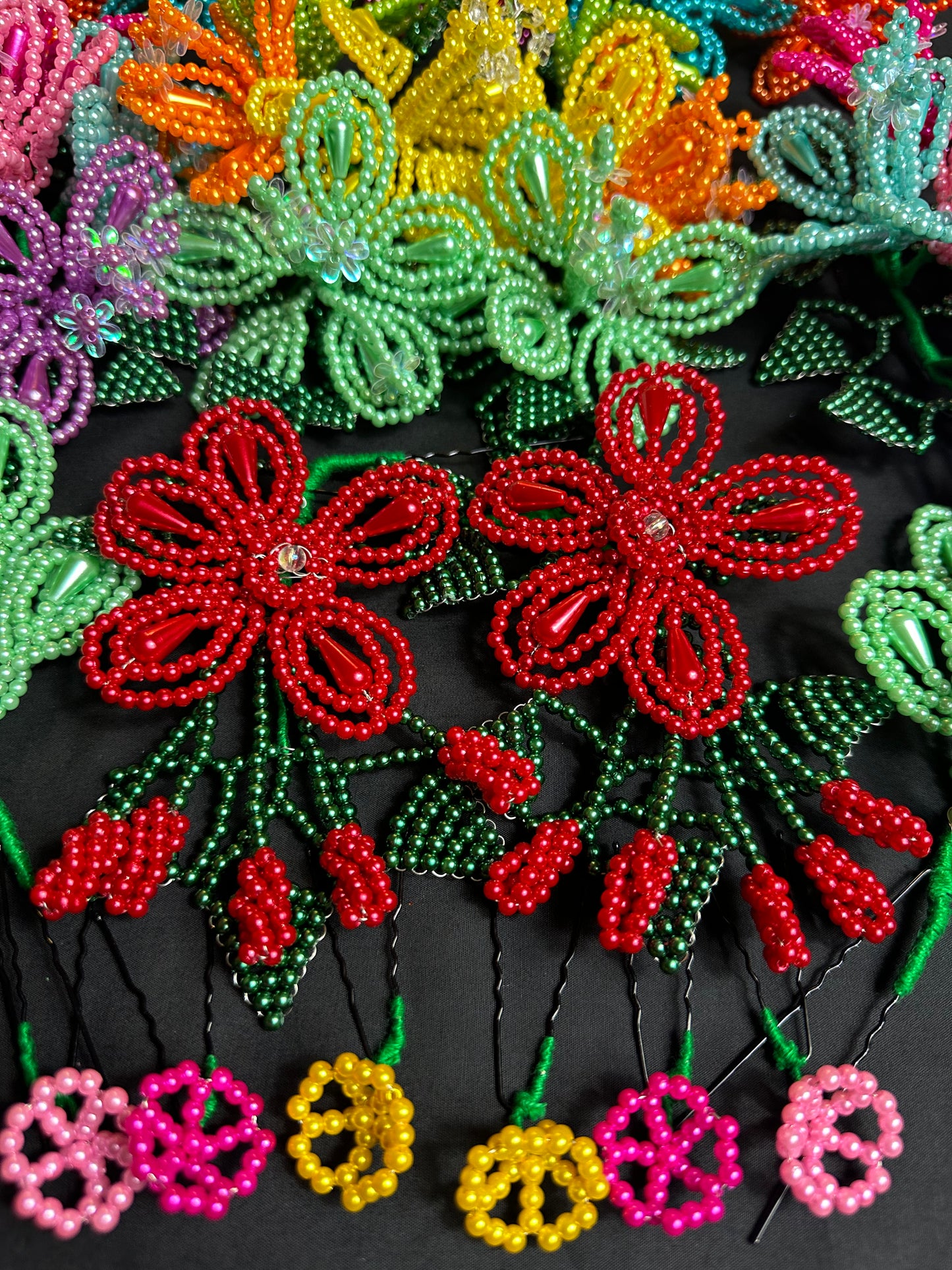 Tembleques - Complete Set Colorful Tembleques Beaded Flowers Panama Pollera Red