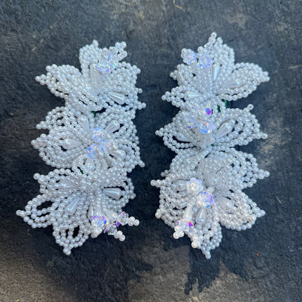 Pair of Tapamoños Tembleques White Beaded Flower Hair Pins - VivianFongDesignsLLC