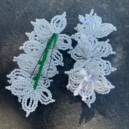 Pair of Tapamoños Tembleques White Beaded Flower Hair Pins - VivianFongDesignsLLC