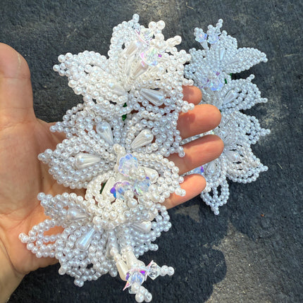 Pair of Tapamoños Tembleques White Beaded Flower Hair Pins - VivianFongDesignsLLC