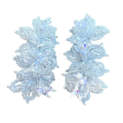 Pair of Tapamoños Tembleques White Beaded Flower Hair Pins - VivianFongDesignsLLC