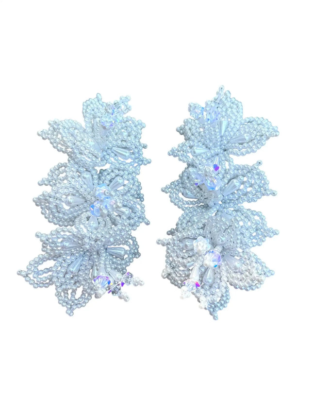 Pair of Tapamoños Tembleques White Beaded Flower Hair Pins - VivianFongDesignsLLC