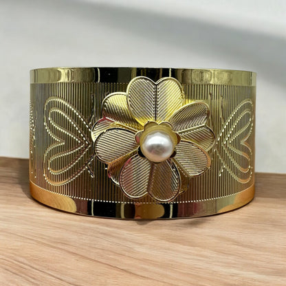 Panamanian Jewelry Bracelet Cuff Gold Stainless Steel with Pearl Panama