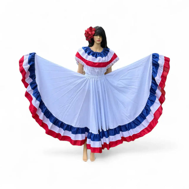 Caribbean Dancing Wide Dress with Flower Headpiece - Dominican Republic & Puerto Rico - VivianFongDesignsLLC