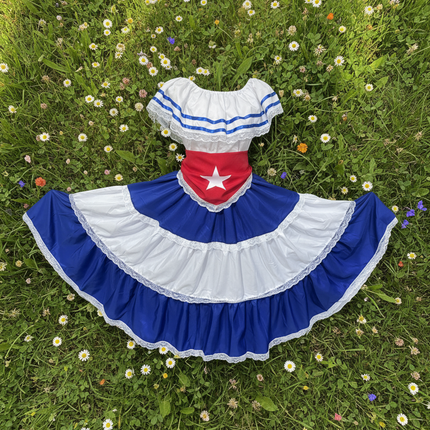 Caribbean Havana Fiesta Adult Dress - Traditional Attire with Red Star Flag Scarf