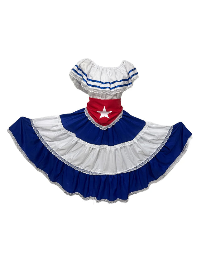 Caribbean Havana Fiesta Girl Dress - Traditional Attire with Red Star Flag Scarf