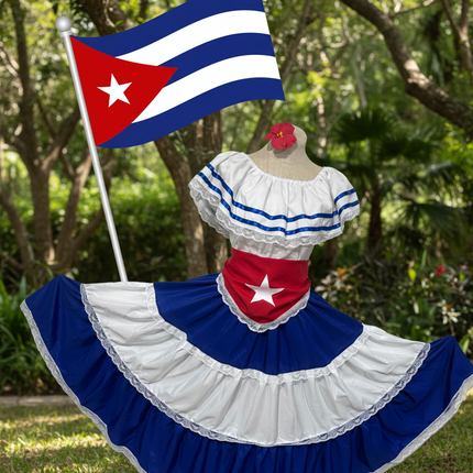 Caribbean Havana Fiesta Girl Dress - Traditional Attire with Red Star Flag Scarf