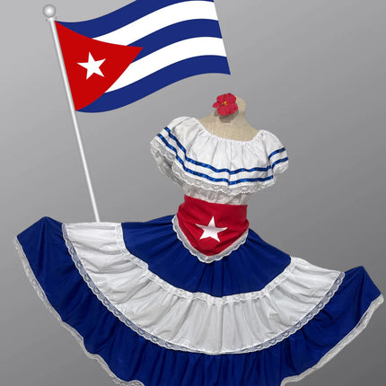 Caribbean Havana Fiesta Girl Dress - Traditional Attire with Red Star Flag Scarf