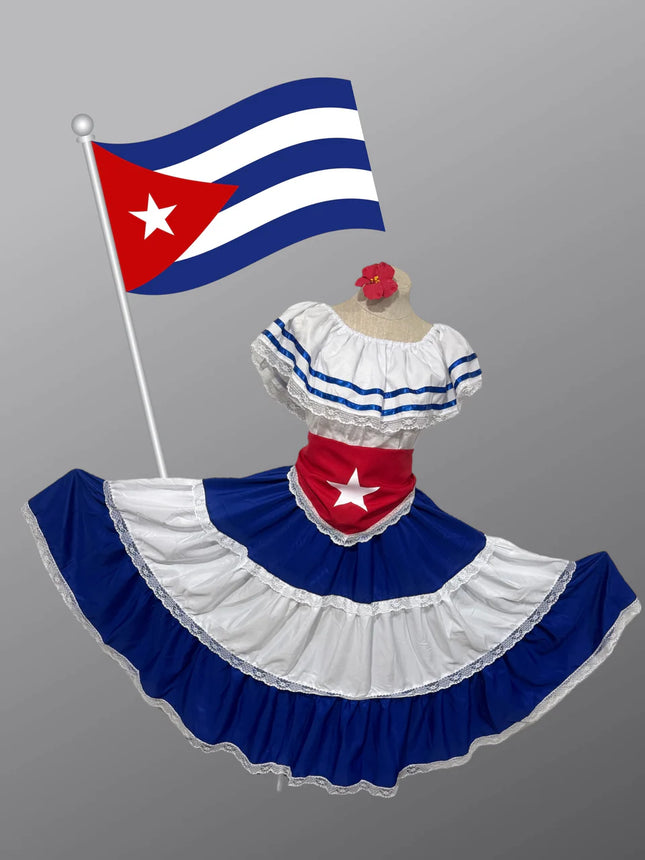Caribbean Havana Fiesta Girl Dress - Traditional Attire with Red Star Flag Scarf