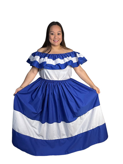 Salvadoran Traditional Casual Dress Blue and White