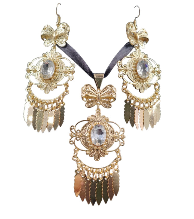 3 Piece Panamanian Choker & Earrings Set - Gold Plated Filigree with Gem