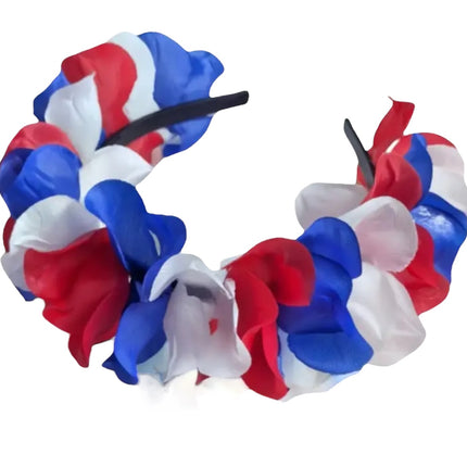 Diadema floral con rosas rojas, blancas y azules