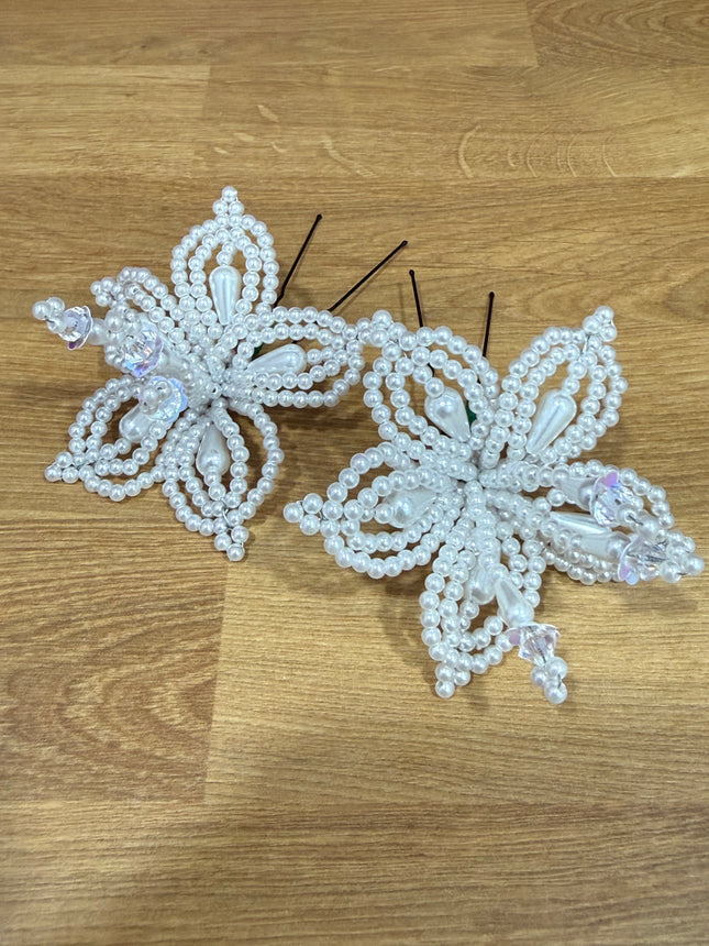 Pair (2) of Tembleque Beaded Flower Pearl Panama Pollera Horquilla Hair