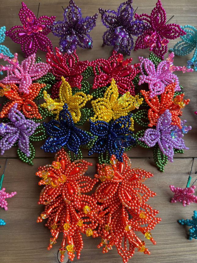 Authentic Colorful Tembleques Beaded Flower Hair Pin Set Orange 0.04mm