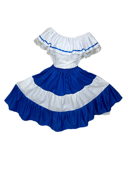 Robe traditionnelle décontractée du Salvador bleue et blanche avec ruban