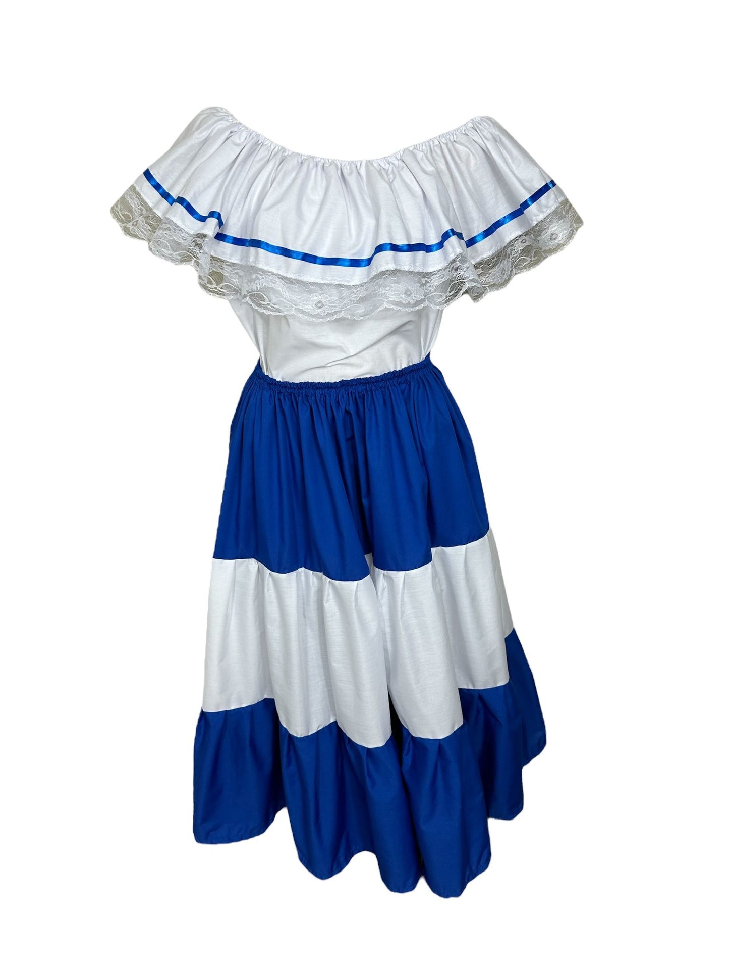 Robe traditionnelle décontractée du Salvador bleue et blanche avec ruban