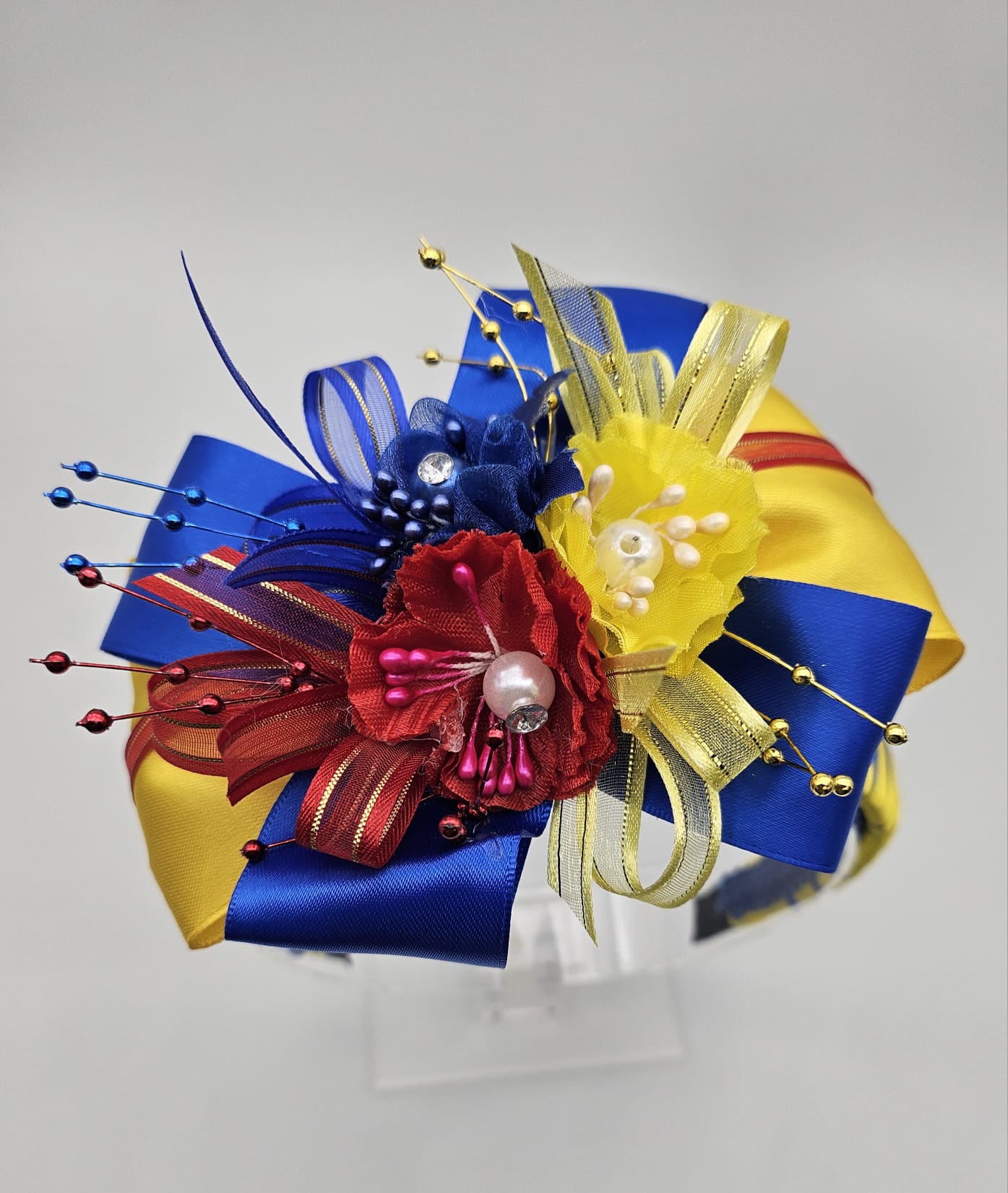 Handcrafted Colorful Floral Headband – Yellow, Blue, and Red Design