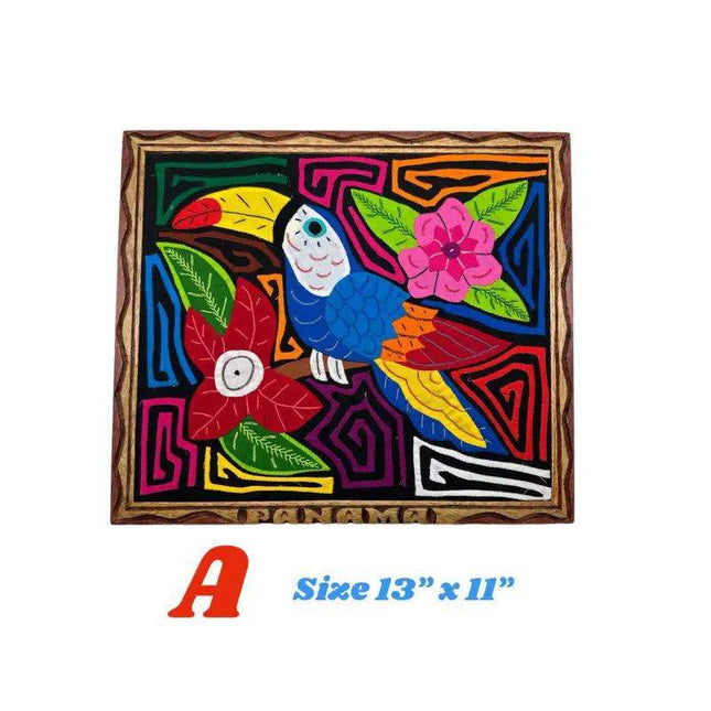 Authentic Panamanian Mola Textile Art with Hand Carved Wood - VivianFongDesignsLLC