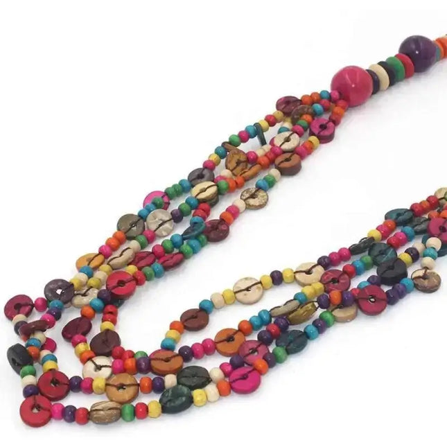 Bohemian Multicolor Wood & Coconut Shell Necklace - 33” - VivianFongDesignsLLC