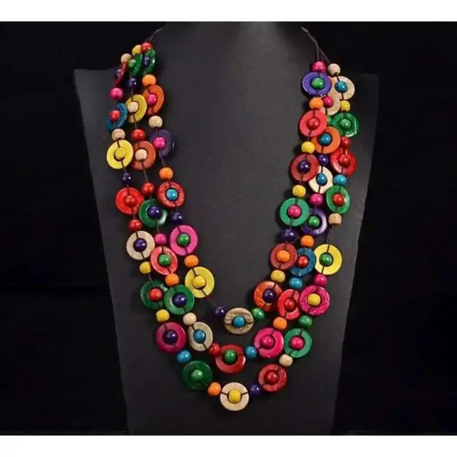 Bohemian Multicolour Statement Necklace with Wood & Coconut Shell - VivianFongDesignsLLC