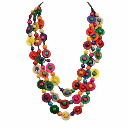 Bohemian Multicolour Statement Necklace with Wood & Coconut Shell - VivianFongDesignsLLC