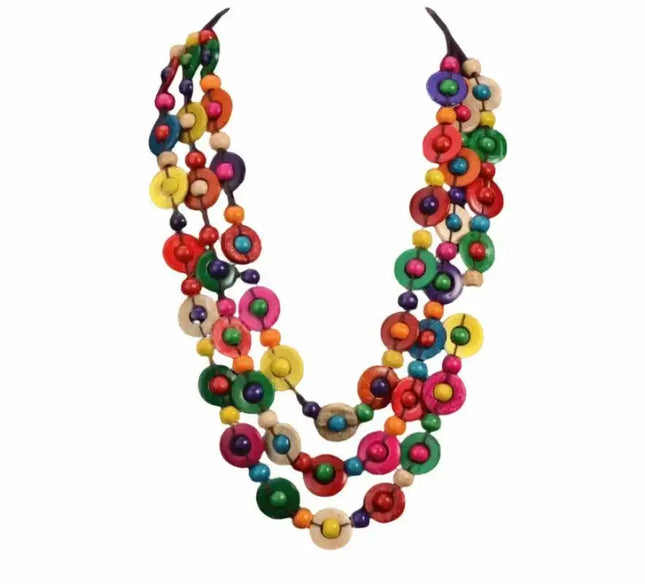 Bohemian Multicolour Statement Necklace with Wood & Coconut Shell - VivianFongDesignsLLC