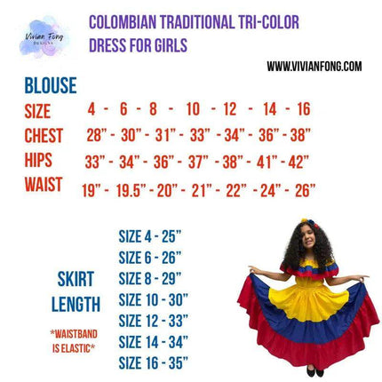 Colombian Traditional Tri-color Dress for Girls - VivianFongDesignsLLC