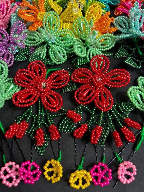 Colorful Tembleques Beaded Flowers Set - Panama Pollera Accessories - VivianFongDesignsLLC