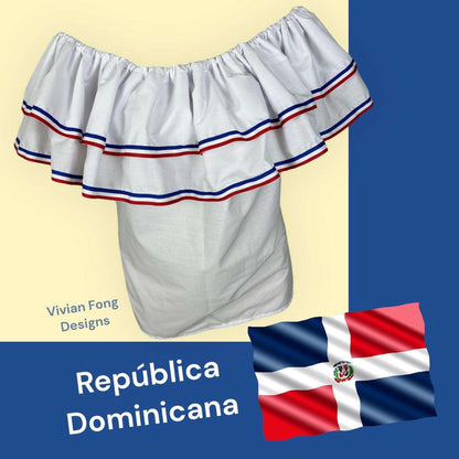 Dominican Republic White Top Blouse with Red, White, and Blue Ribbon - VivianFongDesigns LLC