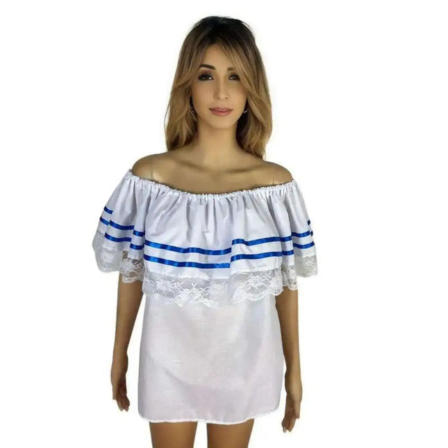 El Salvador Traditional Blouse with Blue Ribbons - VivianFongDesignsLLC