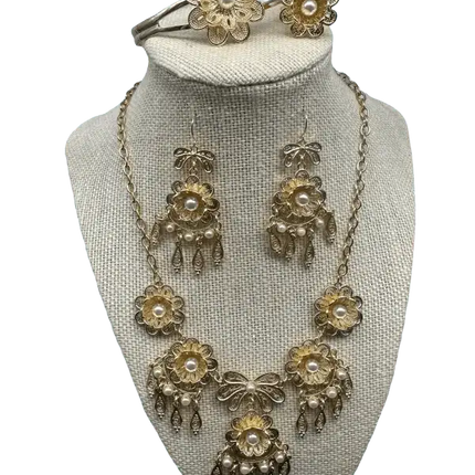 Elegant Panamanian Pollera Stainless Steel Jewellery Set Gold Plated - VivianFongDesignsLLC