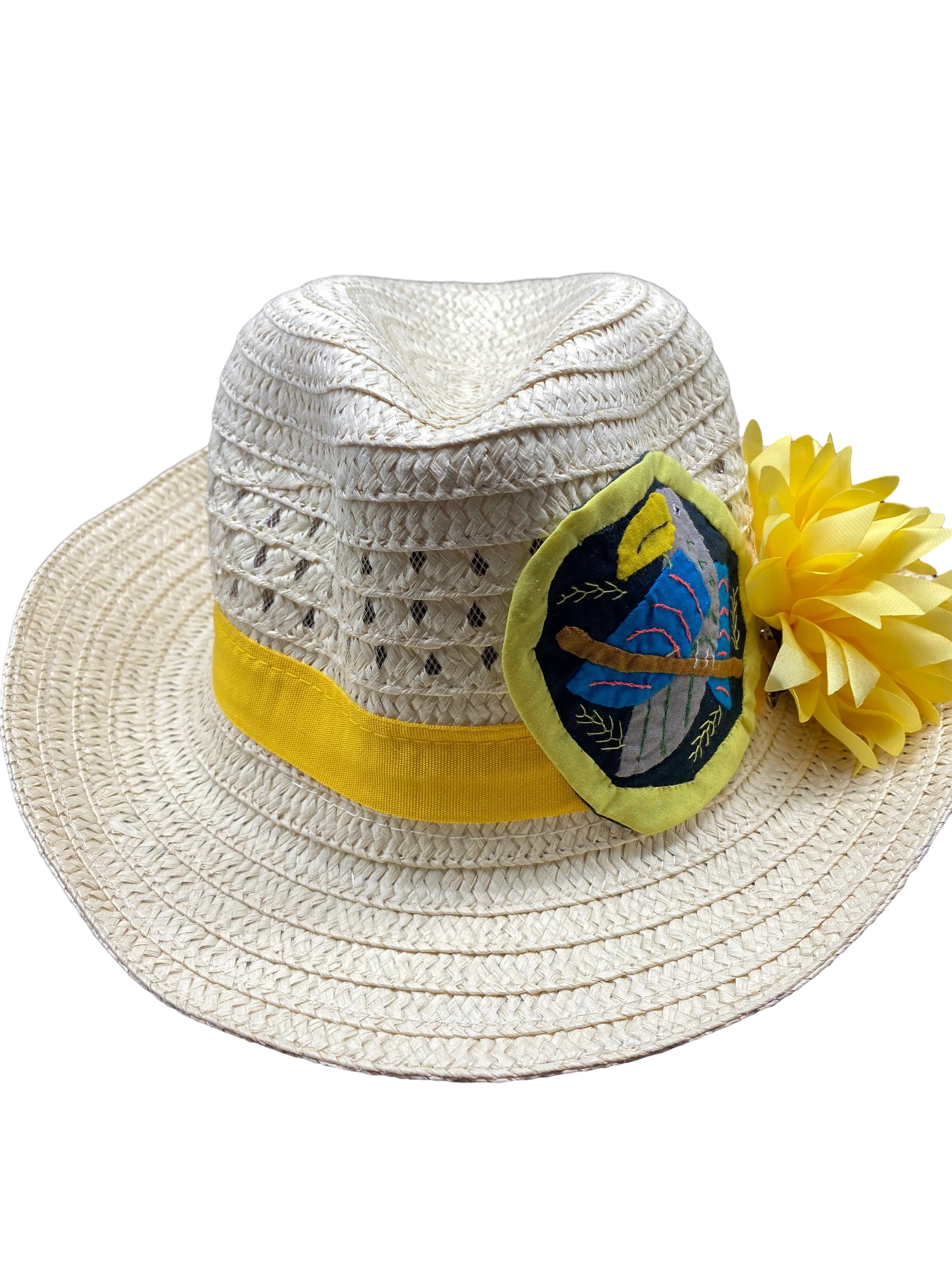 Mola Authentic Decorated Fedora Party Straw Hat Panama Hat Panamanian Summer Beach Yellow - Vivian Fong Designs