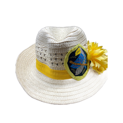 Fedora Party Straw Hat Panama Hat Panamanian Summer Beach Yellow with Mola Authentic Decoration