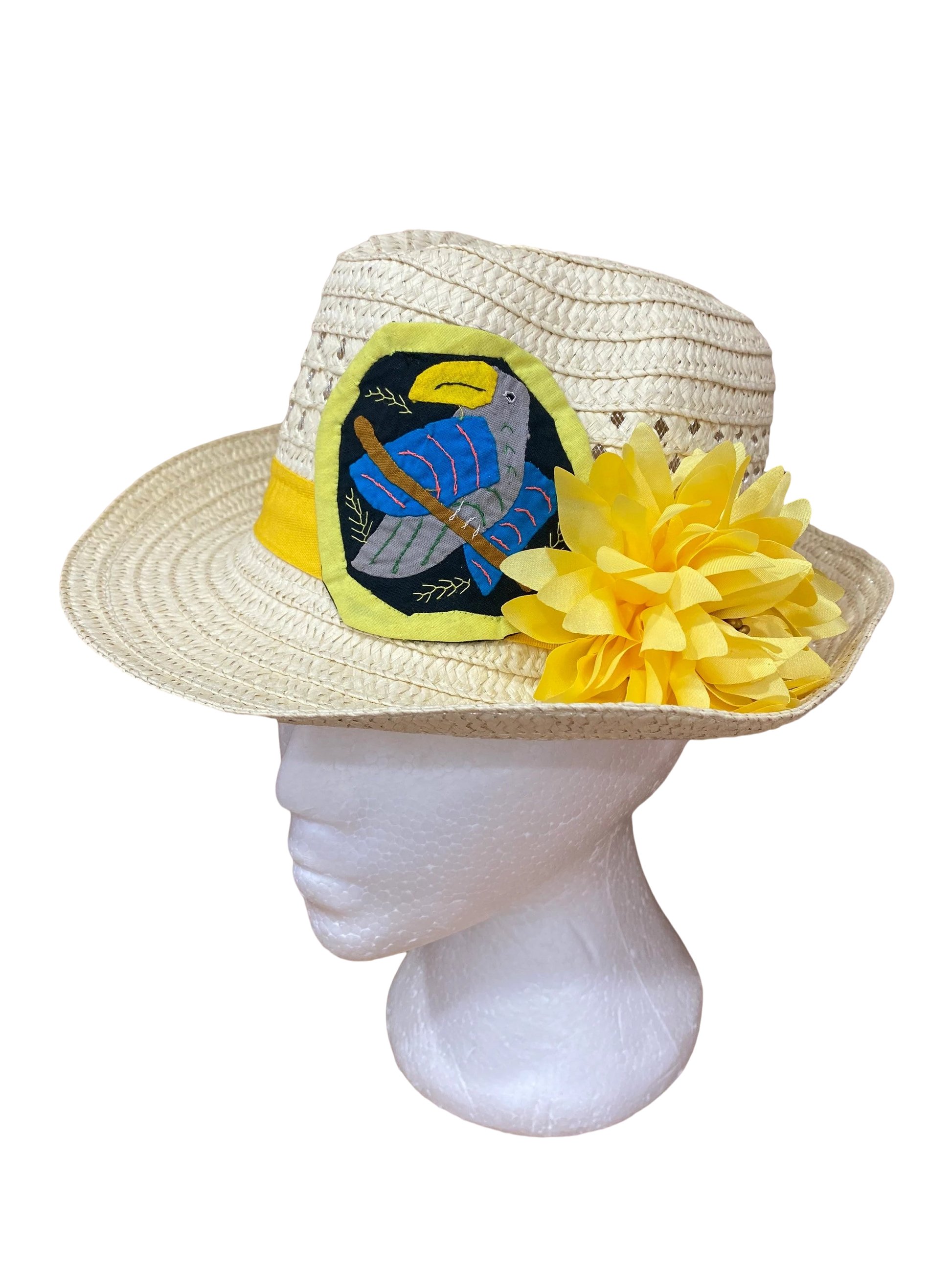 Mola Authentic Decorated Fedora Party Straw Hat Panama Hat Panamanian Summer Beach Yellow - Vivian Fong Designs