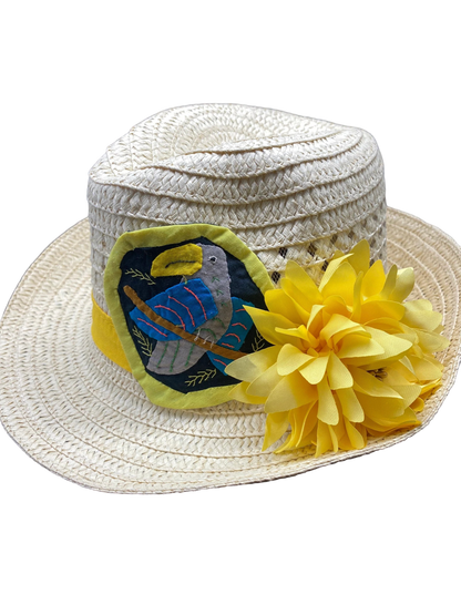 Mola Authentic Decorated Fedora Party Straw Hat Panama Hat Panamanian Summer Beach Yellow - Vivian Fong Designs