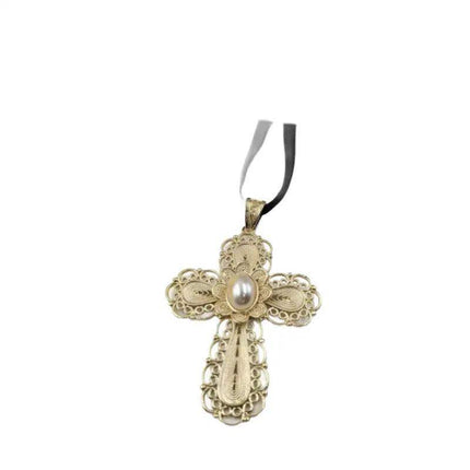 Filigree Cross Charm with Pearl for Pollera - VivianFongDesignsLLC