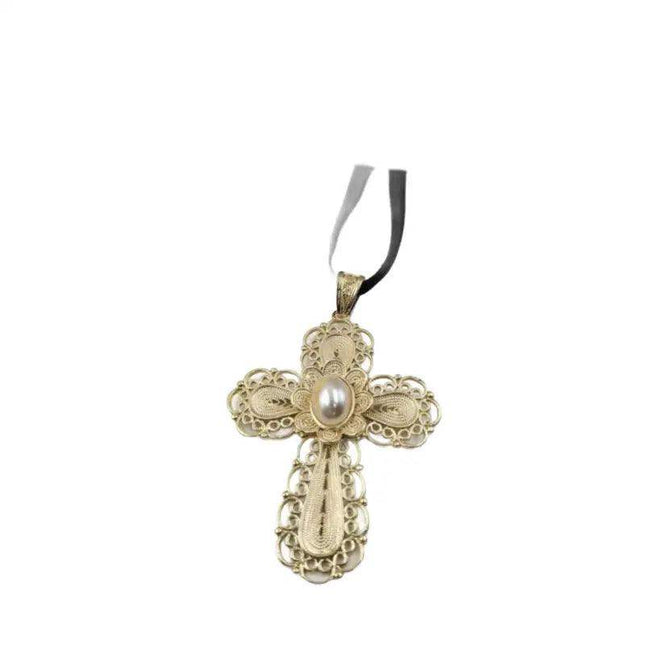 Filigree Cross Charm with Pearl for Pollera - VivianFongDesignsLLC