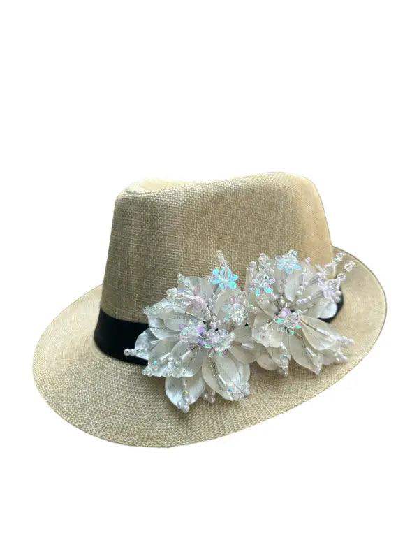 Fish Scales Tembleque Fedora Hat - Tan and White - VivianFongDesignsLLC