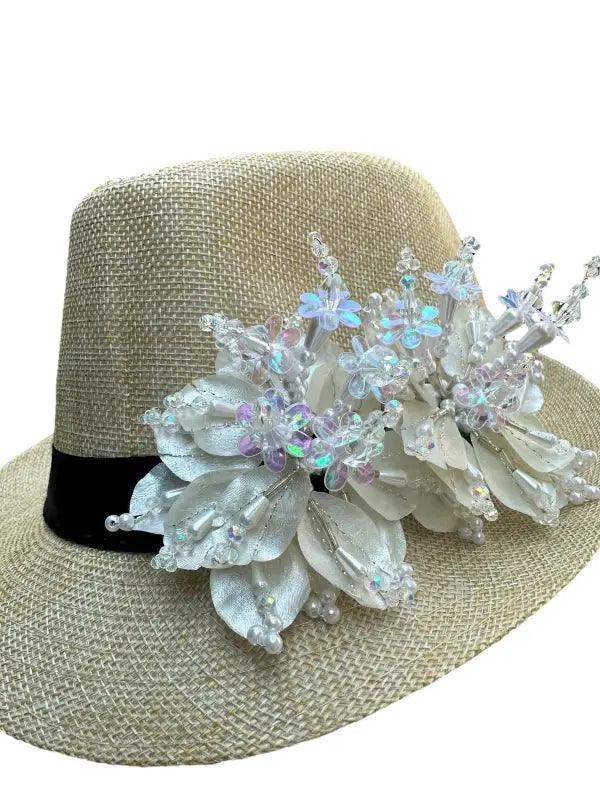 Fish Scales Tembleque Fedora Hat - Tan and White - VivianFongDesignsLLC