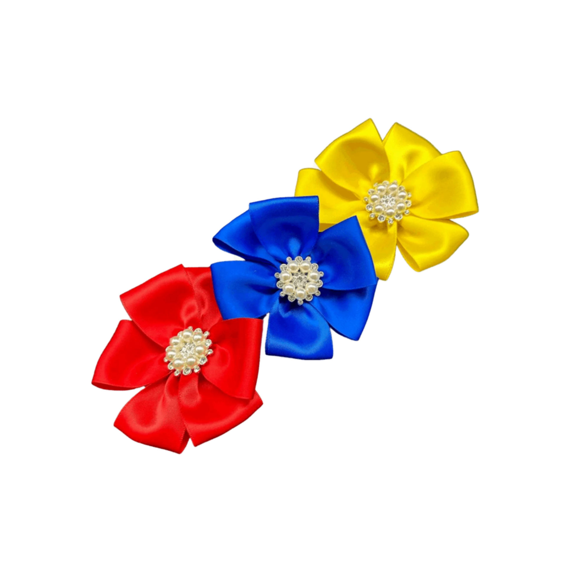 3-Piece Satin Hair Clips Set in Yellow, Blue, and Red with Large Pearls and Rhinestones