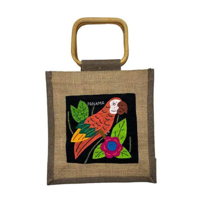 Handwoven Panamanian Mola Purse with Wood Handle - 10" x 10" - VivianFongDesignsLLC