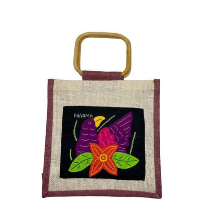 Handwoven Panamanian Mola Purse with Wood Handle - 10" x 10" - VivianFongDesignsLLC