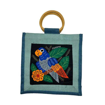 Handwoven Panamanian Mola Purse with Wood Handle - 10" x 10" - VivianFongDesignsLLC