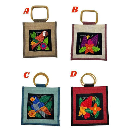 Handwoven Panamanian Mola Purse with Wood Handle - 10" x 10" - VivianFongDesignsLLC